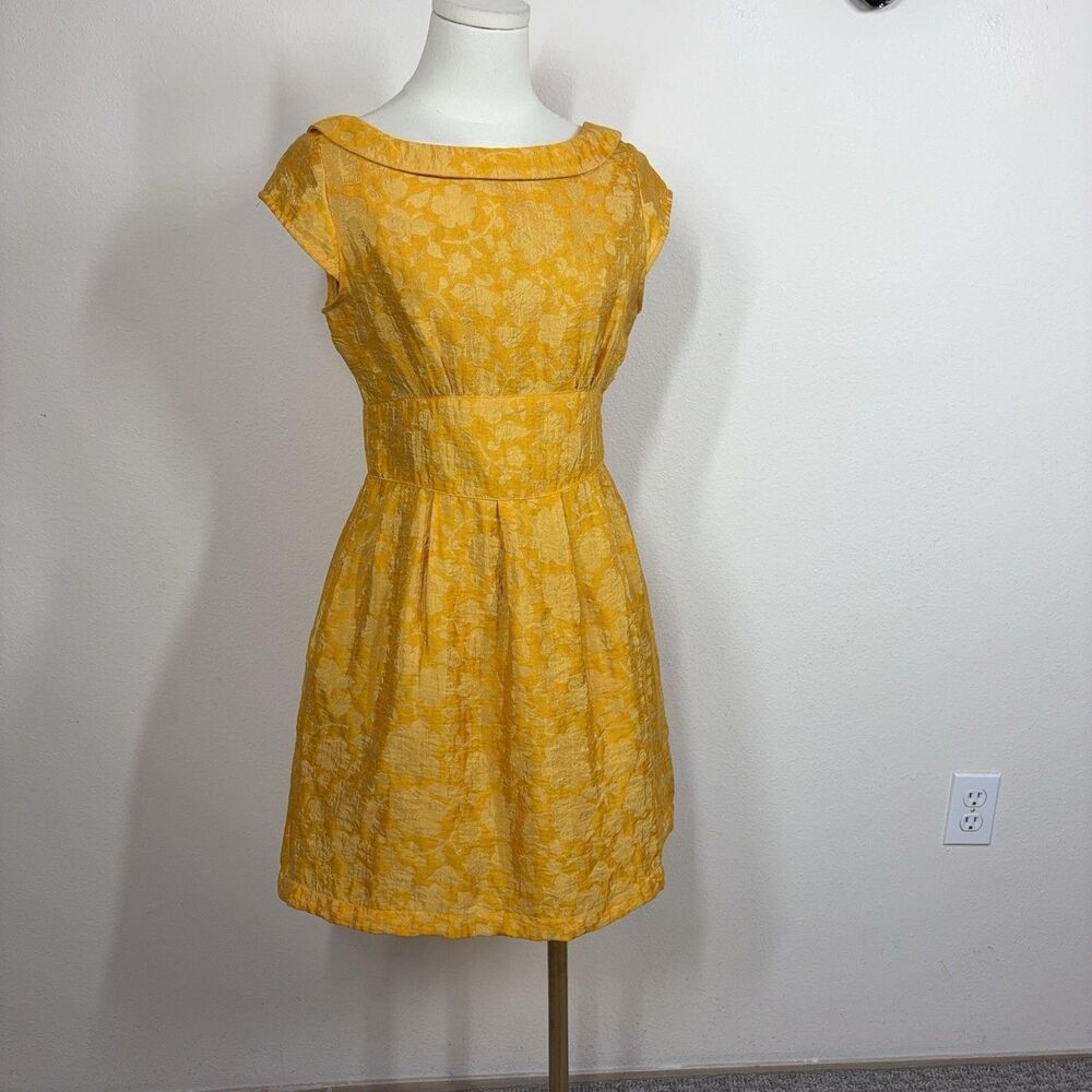 Tulle Dress Womens XS Yellow Floral Jacquard Pockets Fit Flare Party Cocktail